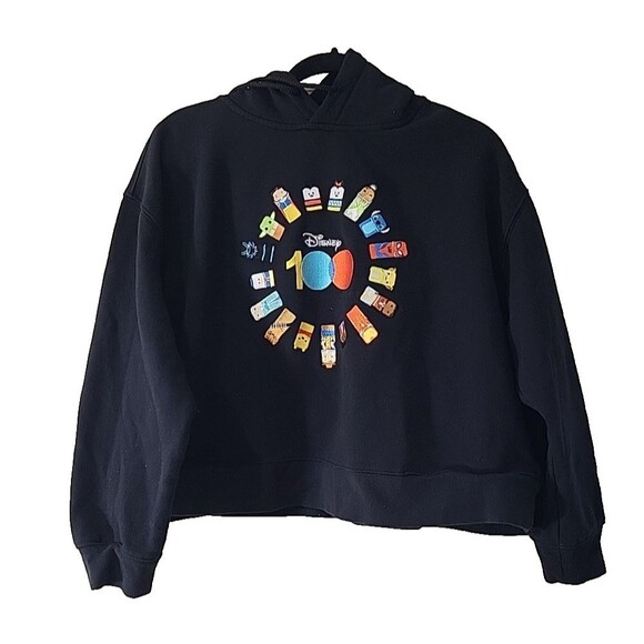 Disney 100 Friend Cropped Hoodie Womens XL Black Pullover Embroidered Characters - Picture 2 of 16
